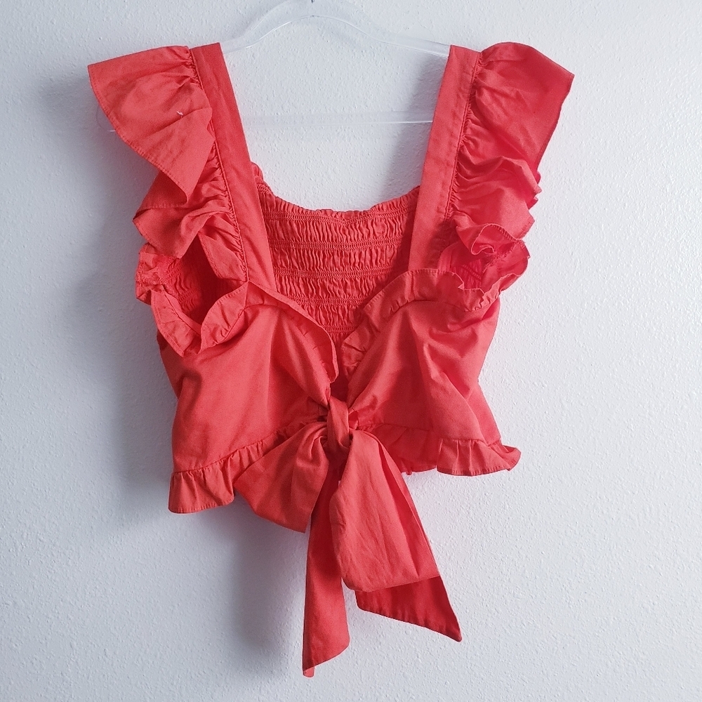 Meraki Ruched Ruffle Cap Sleeve Back Tie Blouse - Picture 4 of 8
